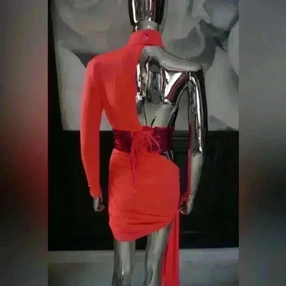 Angel Brinks Women’s Size Medium One Shoulder Draped Mini Dress Vogue Magenta - Picture 3 of 10